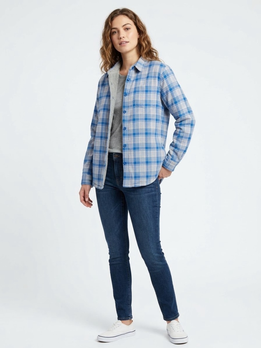 L.L. Bean Blue & White Plaid Button-Up fleece lined Shirt XL